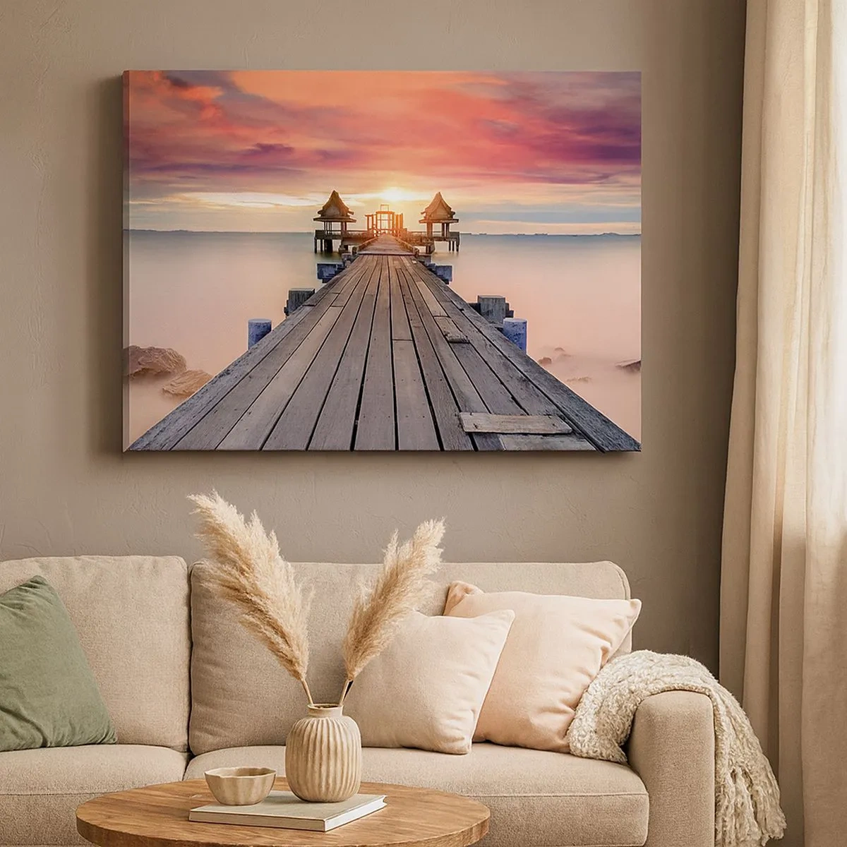 Quadro su tela - Stampe su Tela - Molo di legno che conduce ai gazebo al tramonto - 70x50cm - Tramonto d'oriente - Decorazione murale moderna per soggiorno e camera da letto ARTTOR