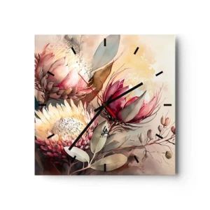 Orologio da parete - Orologio in Vetro - Fiori di protea in delicate tonalità pastello - 30x30cm - Di profilo e di fronte - Decorazione murale moderna per soggiorno e camera da letto ARTTOR