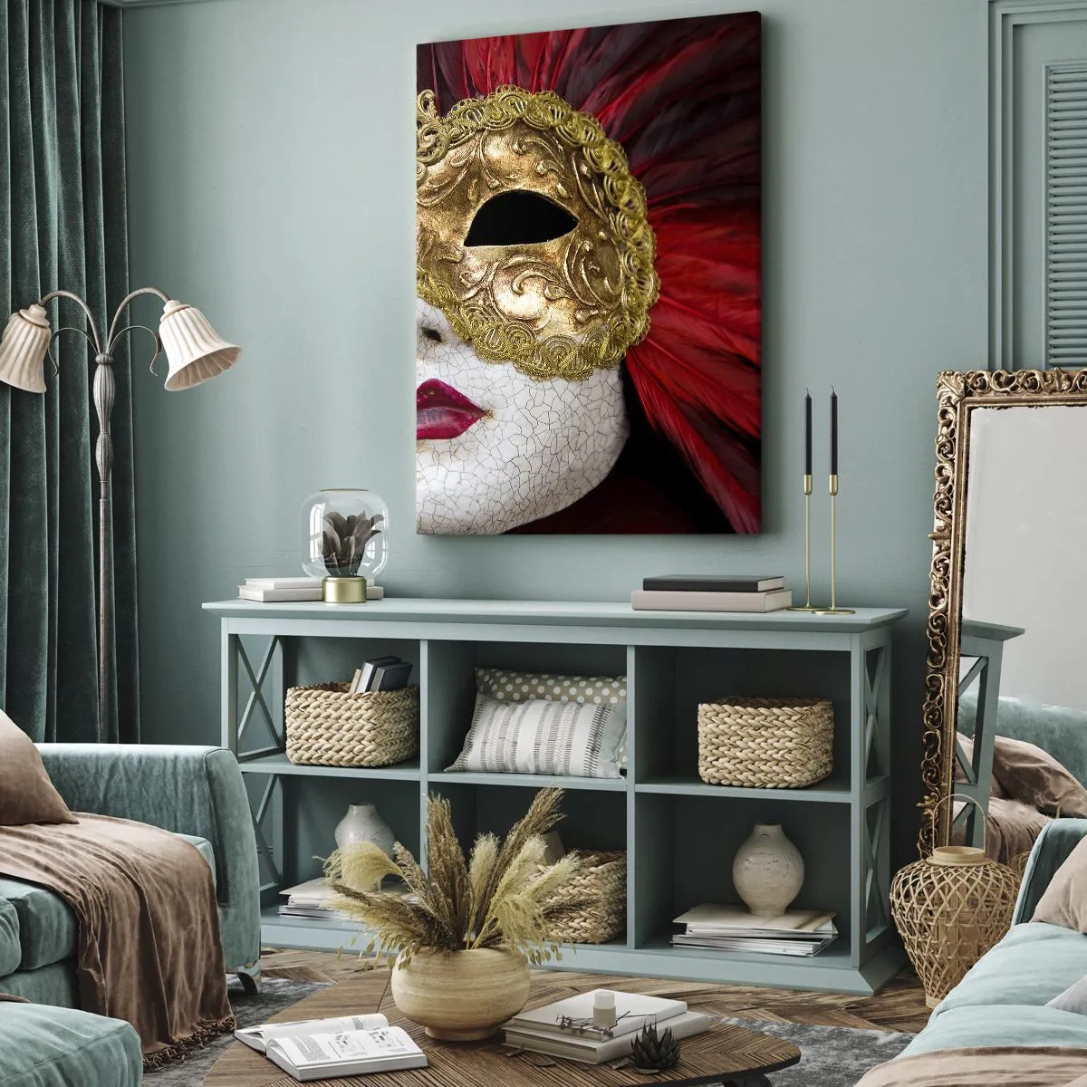 Quadro su tela - Stampe su Tela - Maschera veneziana dorata con piume rosse - 50x70cm - La promessa di un'avventura di carnevale - Decorazione murale moderna per soggiorno e camera da letto ARTTOR
