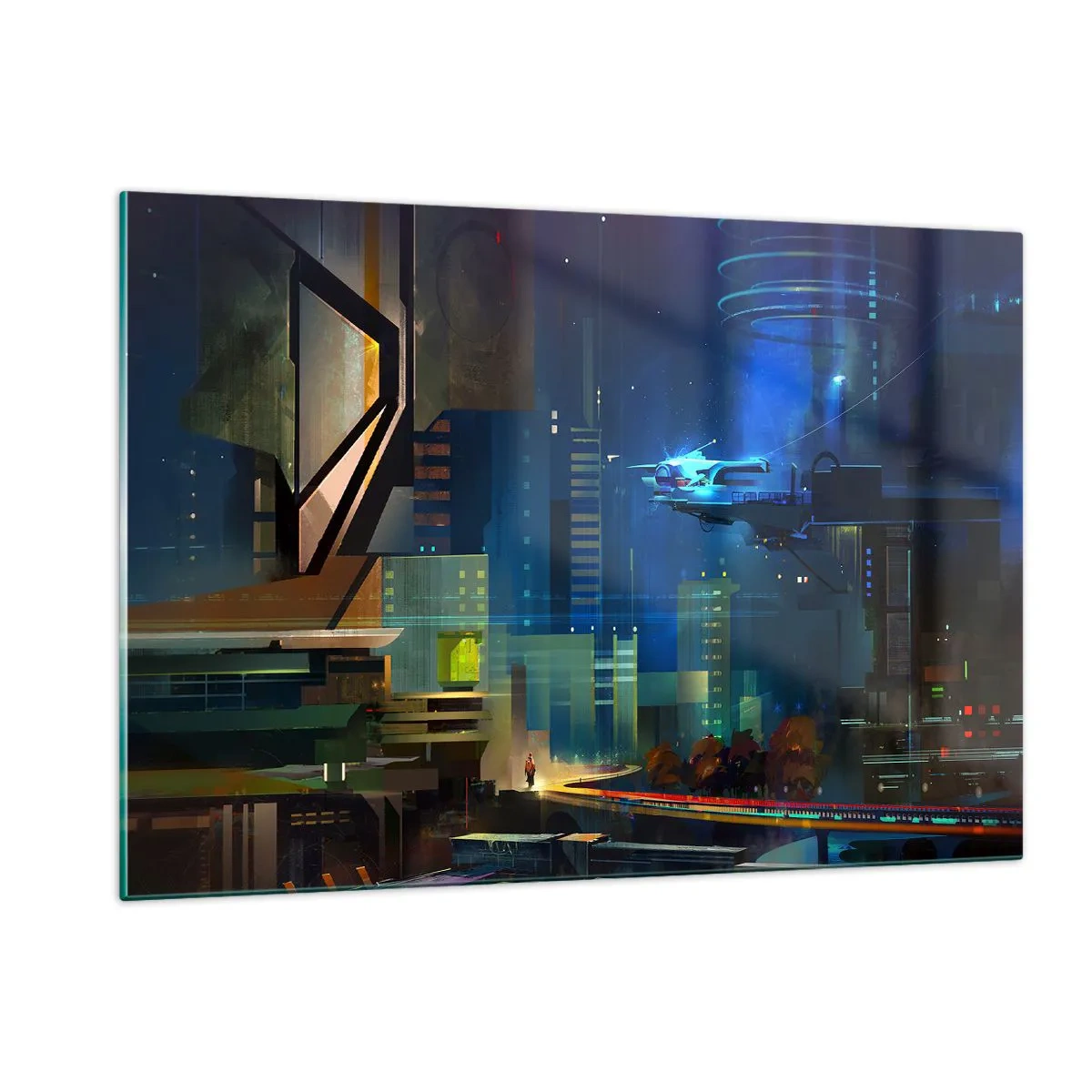 Quadro su vetro - Città futuristica di notte con luci al neon e un veicolo volante - 120x80cm - In un futuro non lontano - Decorazione murale moderna per soggiorno e camera da letto ARTTOR