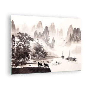 Quadro su vetro - Paesaggio cinese con montagne, alberi e acqua - 70x50cm - L'esotica quotidianità dell'Oriente - Decorazione murale moderna per soggiorno e camera da letto ARTTOR
