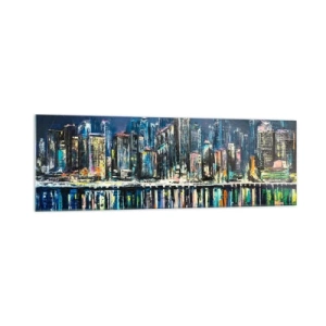 Quadro su vetro - Panorama della città notturna riflessa nell'acqua - 160x50cm - Cascata di luci - Decorazione murale moderna per soggiorno e camera da letto ARTTOR