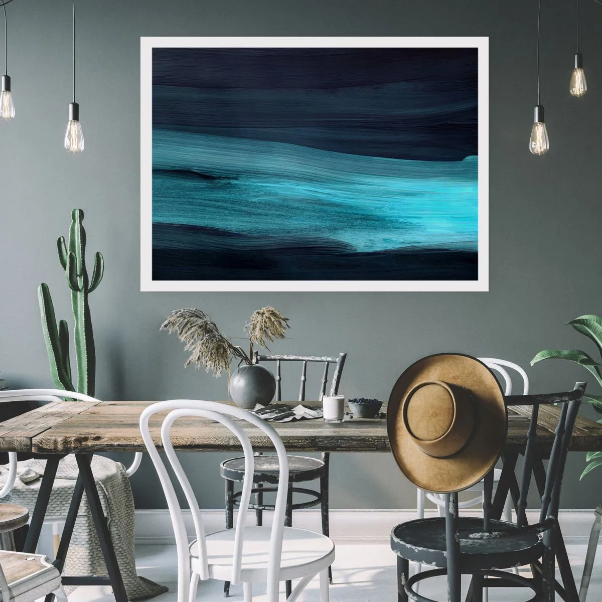 Poster - Sottili onde astratte in tonalità scure di blu - 100x70cm - Seguendo la corrente - Decorazione murale moderna per soggiorno e camera da letto ARTTOR