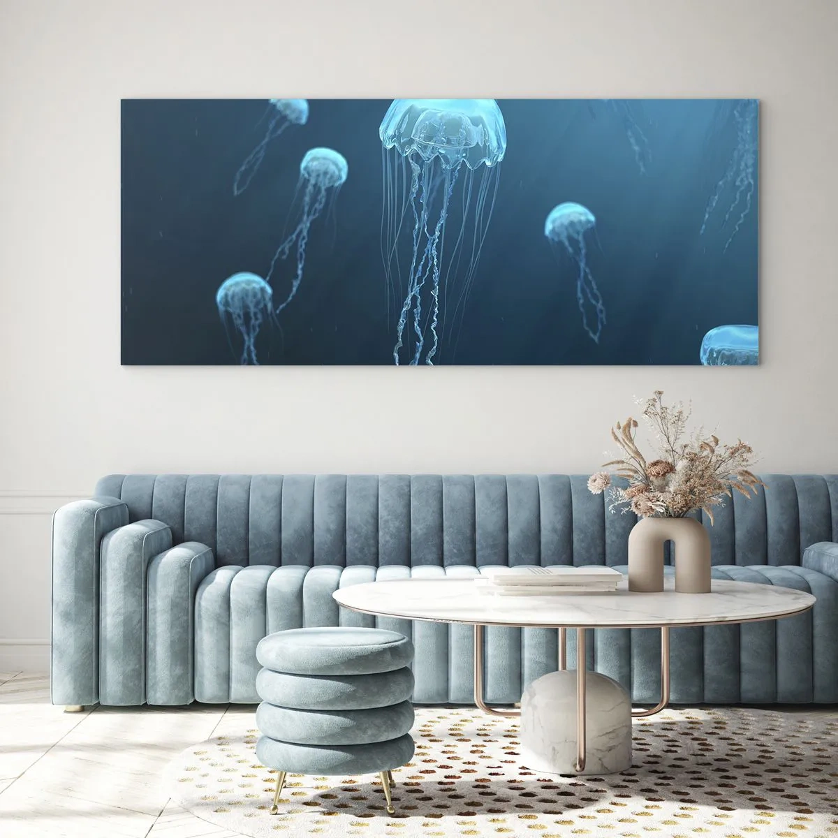 Quadro su vetro - Meduse che galleggiano nelle profondità dell'oceano nei toni del blu - 140x50cm - La danza oceanica - Decorazione murale moderna per soggiorno e camera da letto ARTTOR