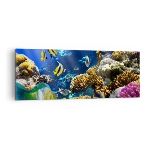 Quadro su tela - Stampe su Tela - Una barriera corallina colorata con pesci tropicali nelle profondità dell'oceano. - 140x50cm - Traffico intenso sulla via delle vacanze - Decorazione murale moderna per soggiorno e camera da letto ARTTOR