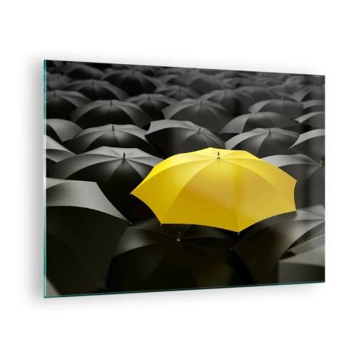 Quadro su vetro - Un ombrello giallo che spicca tra quelli neri - 70x50cm - Addio tristezza - Decorazione murale moderna per soggiorno e camera da letto ARTTOR