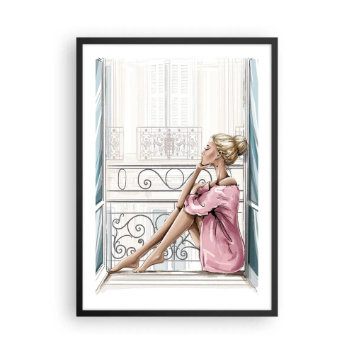 Poster in cornice nera - Una donna in accappatoio rosa seduta su un balcone - 50x70cm - Mattino parigino - Decorazione murale moderna per soggiorno e camera da letto ARTTOR