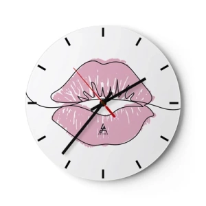Orologio da parete - Orologio in Vetro - Primo piano di labbra rosa contro un orologio bianco - 30x30cm - Pronti al bacio? - Decorazione murale moderna per soggiorno, cucina e camera da letto ARTTOR