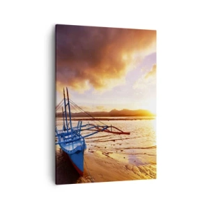 Quadro su tela - Stampe su Tela - Barca blu sulla spiaggia al tramonto - 50x70cm - Riposo sulla sabbia dopo l'intera giornata - Decorazione murale moderna per soggiorno e camera da letto ARTTOR