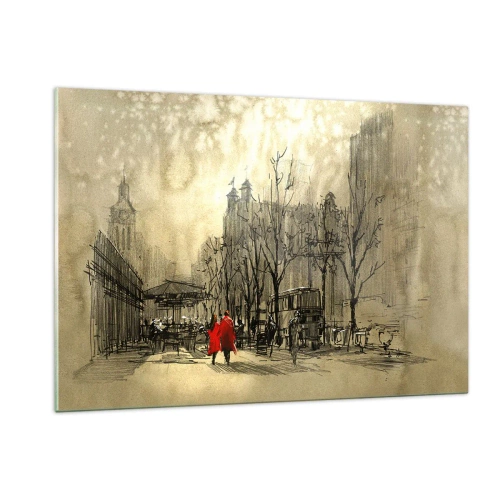 Quadro su vetro - Un appuntamento nella nebbia londinese con un tocco di cappotto rosso - 120x80cm - Appuntamento nella nebbia di Londra  - Decorazione murale moderna per soggiorno e camera da letto ARTTOR