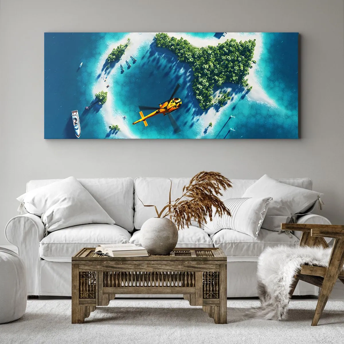 Quadro su tela - Stampe su Tela - Un'isola tropicale circondata da acque turchesi con un elicottero in vista - 120x50cm - Comprati un'isola - Decorazione murale moderna per soggiorno e camera da letto ARTTOR