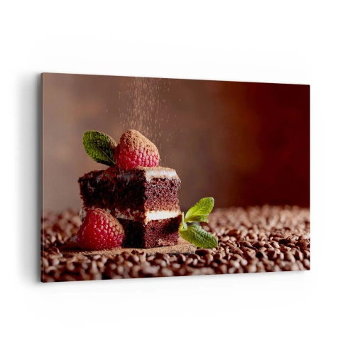 Quadro su tela - Stampe su Tela - Torta al cioccolato con lamponi e menta su uno sfondo di fave di cacao - 120x80cm - La vita è dolce - Decorazione murale moderna per soggiorno e camera da letto ARTTOR