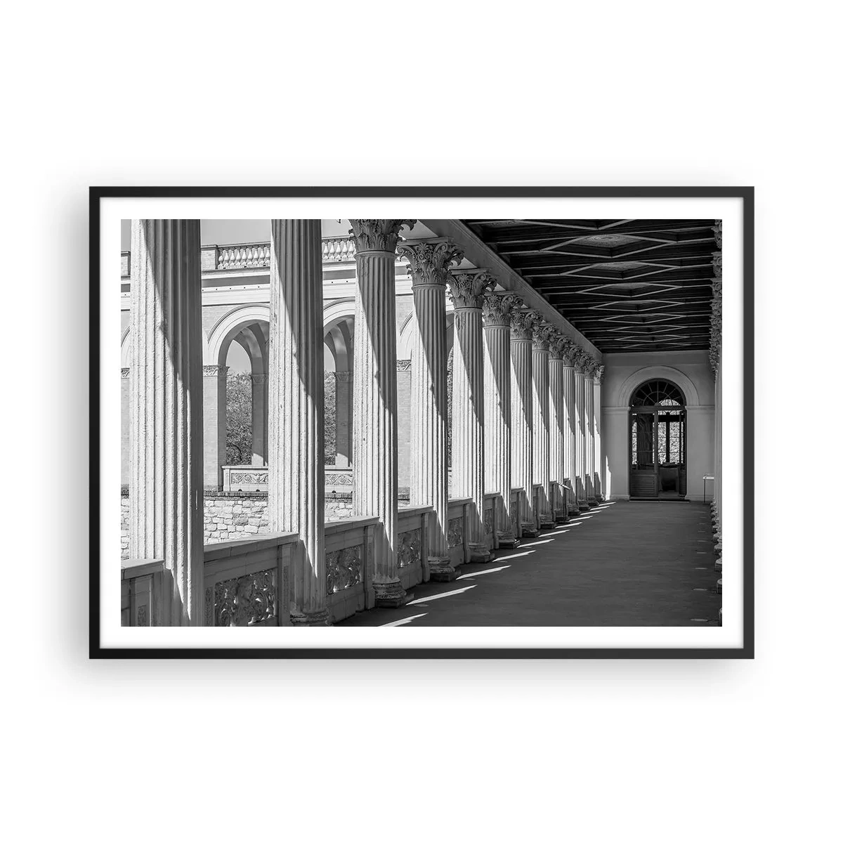 Poster in cornice nera - Colonnato in stile classico in bianco e nero - 100x70cm - Portico soleggiato - Decorazione murale moderna per soggiorno e camera da letto ARTTOR
