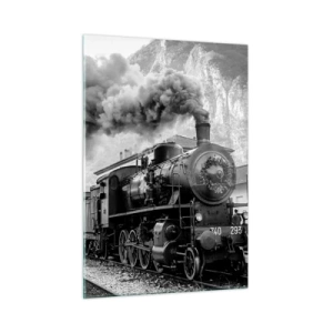 Quadro su vetro - Un vecchio treno a vapore in un paesaggio montano - 50x70cm - Ferma alla stazione... - Decorazione murale moderna per soggiorno e camera da letto ARTTOR