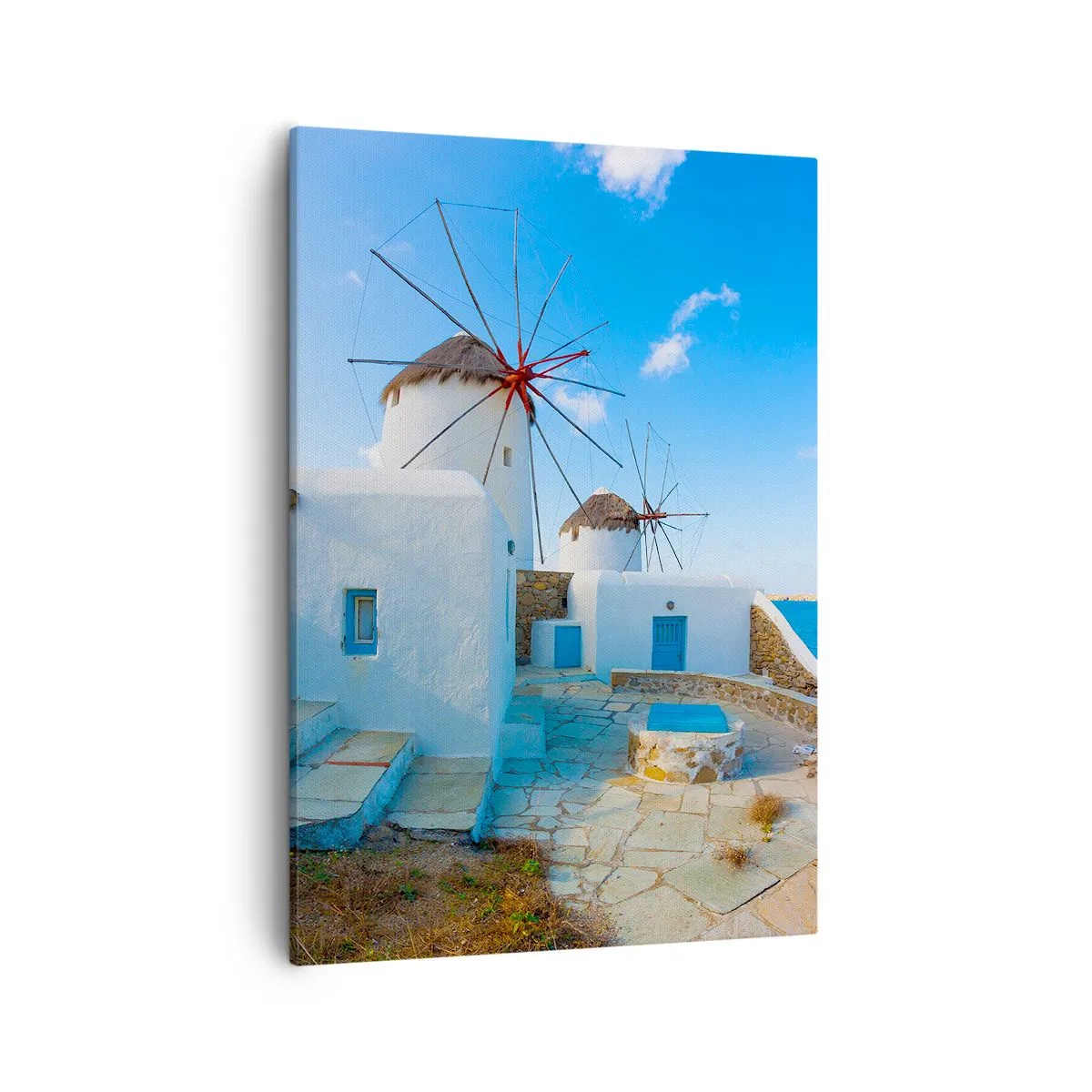 Quadro su tela - Stampe su Tela - Mulini a vento bianchi sulle rive del mare blu - 50x70cm - Vento azzurro sul mare - Decorazione murale moderna per soggiorno e camera da letto ARTTOR