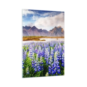 Quadro su vetro - Fiori in un paesaggio montano con un cielo pittoresco - 80x120cm - Forza e asprezza accanto alla mitezza - Decorazione murale moderna per soggiorno e camera da letto ARTTOR