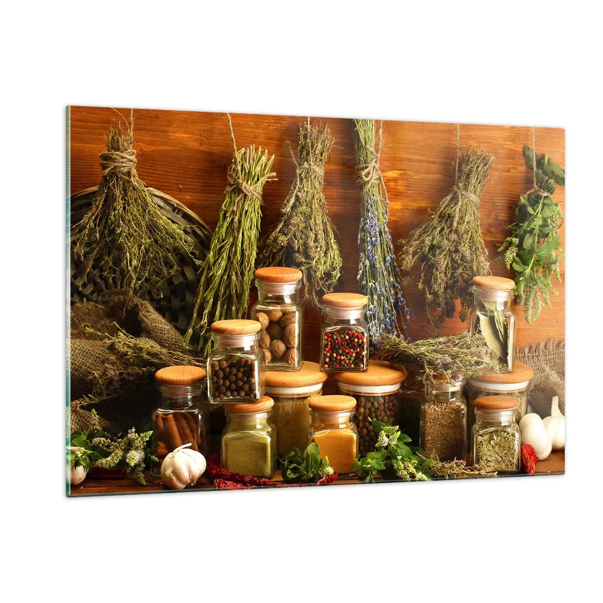 Quadro su vetro - Erbe e spezie in barattoli su fondo in legno - 120x80cm - Magie di cucina - Decorazione murale moderna per soggiorno e camera da letto ARTTOR