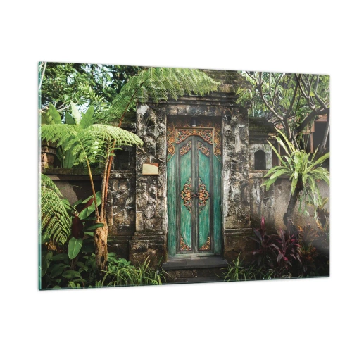 Quadro su vetro - Porta turchese decorata in un muro di pietra circondato da vegetazione tropicale - 120x80cm - Le porte verso un mondo esotico - Decorazione murale moderna per soggiorno e camera da letto ARTTOR