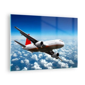 Quadro su vetro - Un aereo passeggeri che vola sopra le nuvole contro un cielo blu - 70x50cm - Lascia tutto - Decorazione murale moderna per soggiorno e camera da letto ARTTOR