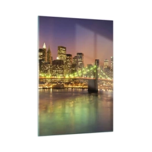Quadro su vetro - Ponte illuminato sul fiume con vista panoramica della città al tramonto - 50x70cm - Qui la luce non si spegne mai - Decorazione murale moderna per soggiorno e camera da letto ARTTOR