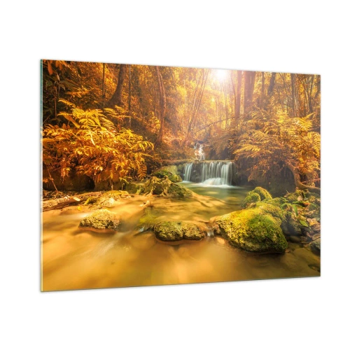 Quadro su vetro - Cascata nella foresta in oro - 100x70cm - Cascata boschiva in oro - Decorazione murale moderna per soggiorno e camera da letto ARTTOR