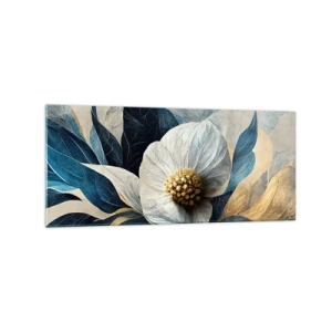 Quadro su vetro - Un fiore con foglie blu su uno sfondo elegante - 120x50cm - Ha un cuore d'oro - Decorazione murale moderna per soggiorno e camera da letto ARTTOR