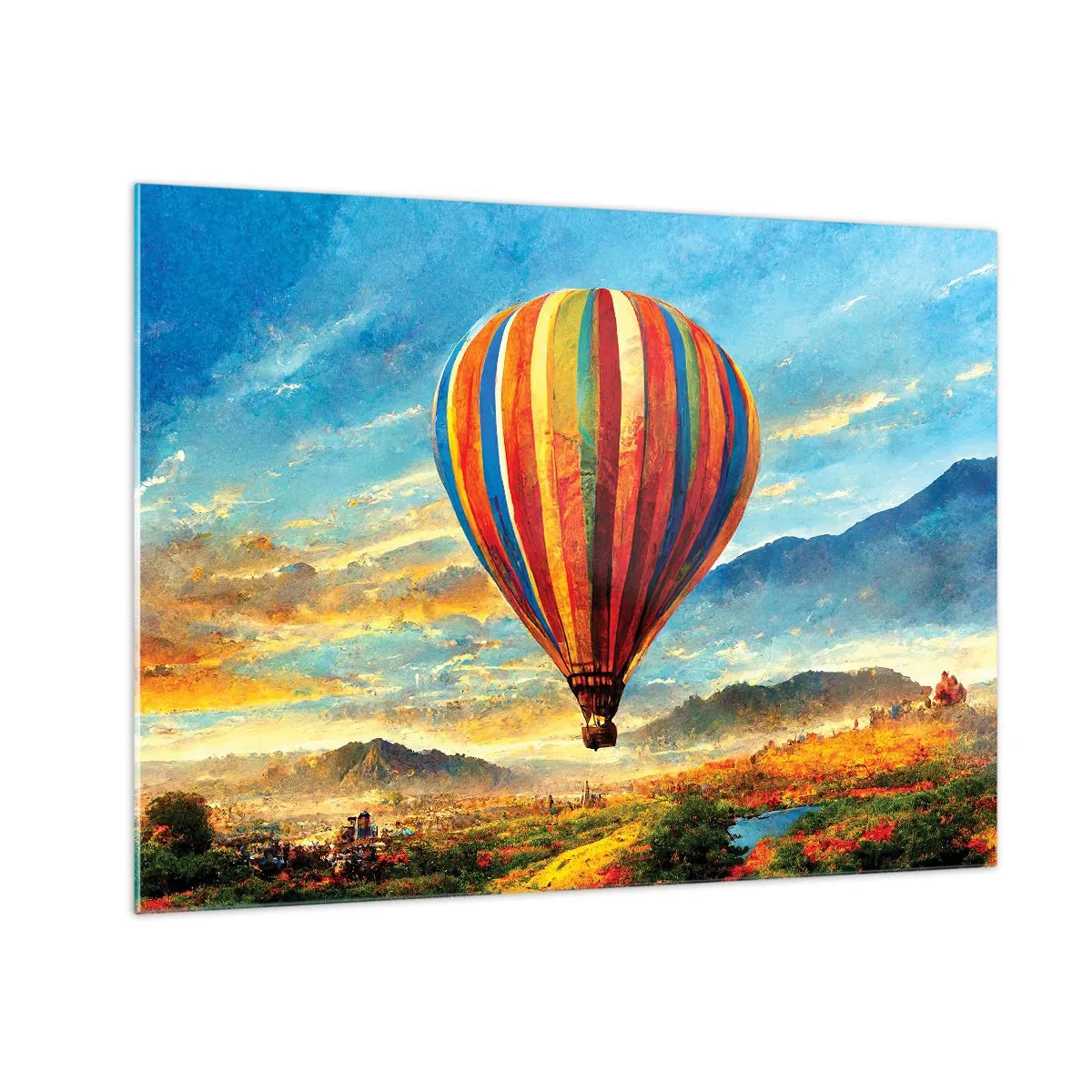 Quadro su vetro - Un palloncino colorato che fluttua sopra un paesaggio montano - 70x50cm - Nel silenzio si vede meglio - Decorazione murale moderna per soggiorno e camera da letto ARTTOR