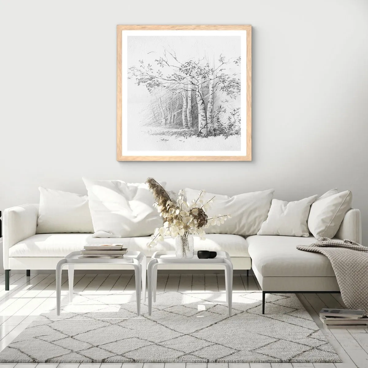 Poster in cornice rovere chiaro - La luce della foresta di betulle - 30x30 cm