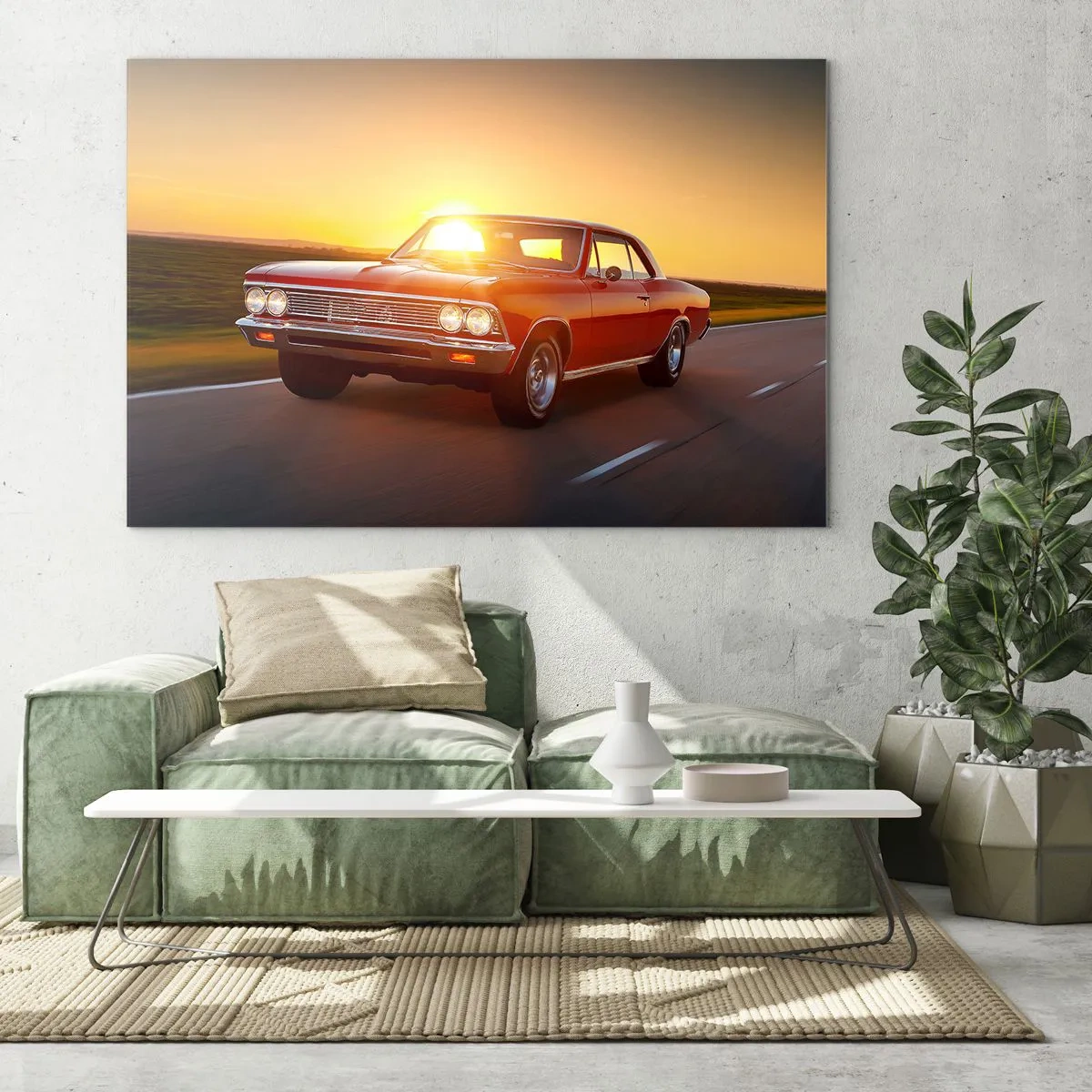 Quadro su vetro - Auto d'epoca rossa contro il sole al tramonto - 100x70cm - Il desiderio è di colore rosso - Decorazione murale moderna per soggiorno e camera da letto ARTTOR