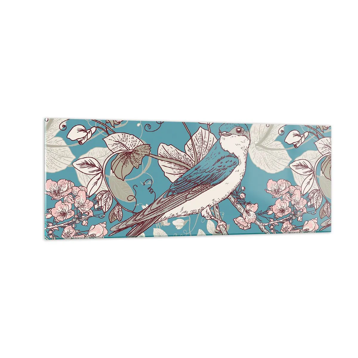 Quadro su vetro - Un uccello su un ramo in un delicato stile floreale - 140x50cm - Sul pioppo riflessi e cinguettii - Decorazione murale moderna per soggiorno e camera da letto ARTTOR