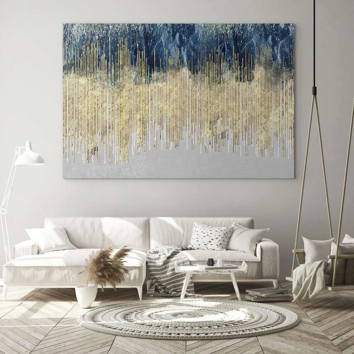 Quadro su vetro - Linee verticali dorate su uno sfondo di foresta blu scuro - 100x70cm - Confine dorato - Decorazione murale moderna per soggiorno e camera da letto ARTTOR
