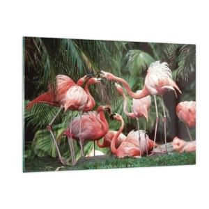 Quadro su vetro - Fenicotteri tra la vegetazione tropicale dai colori vivaci - 120x80cm - Pettegolezzi pomeridiani - Decorazione murale moderna per soggiorno e camera da letto ARTTOR