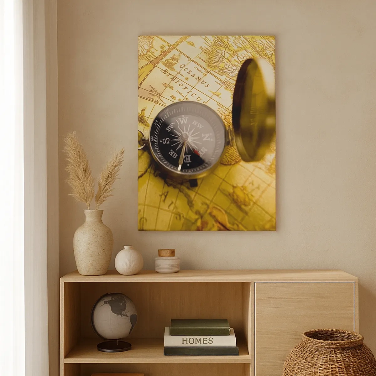 Quadro su tela - Stampe su Tela - Una bussola antica sullo sfondo di una vecchia mappa del mondo - 50x70cm - Forse all'estremità del mondo? - Decorazione murale moderna per soggiorno e camera da letto ARTTOR