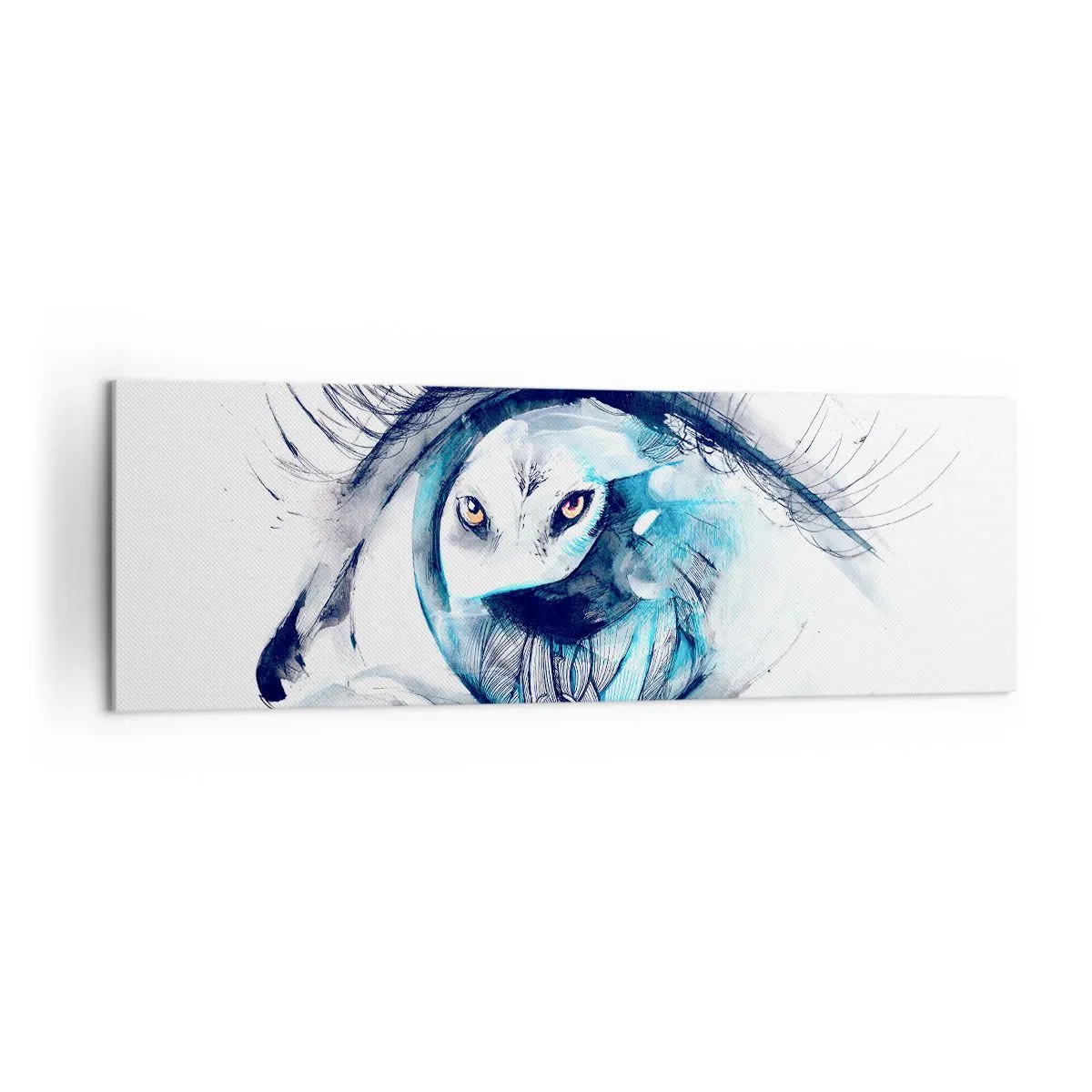 Quadro su tela - Stampe su Tela - Un occhio con l'immagine di un gufo in tonalità di blu acquerellate - 160x50cm - Faccia a faccia con la natura selvaggia - Decorazione murale moderna per soggiorno e camera da letto ARTTOR