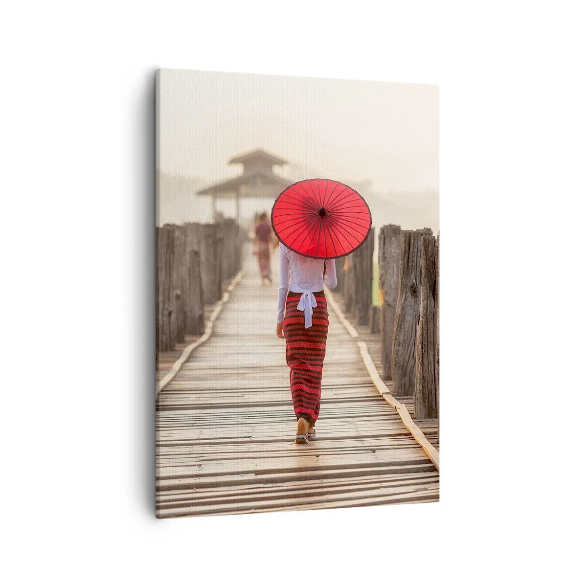 Quadro su tela - Stampe su Tela - Una donna con un ombrello rosso su un ponte di legno - 50x70cm - Sul vecchio ponte - Decorazione murale moderna per soggiorno e camera da letto ARTTOR