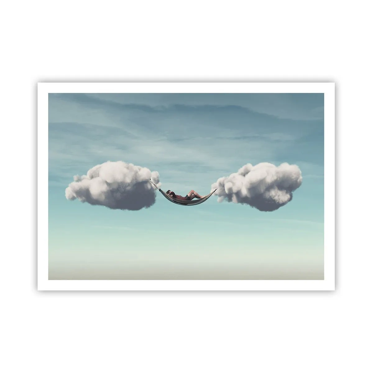 Poster - Una persona che si rilassa su un'amaca sospesa tra le nuvole - 100x70cm - La felicità del momento - Decorazione murale moderna per soggiorno e camera da letto ARTTOR