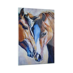 Quadro su vetro - Due cavalli in un tenero gesto di vicinanza - 50x70cm - Sarà amicizia o amore? - Decorazione murale moderna per soggiorno e camera da letto ARTTOR