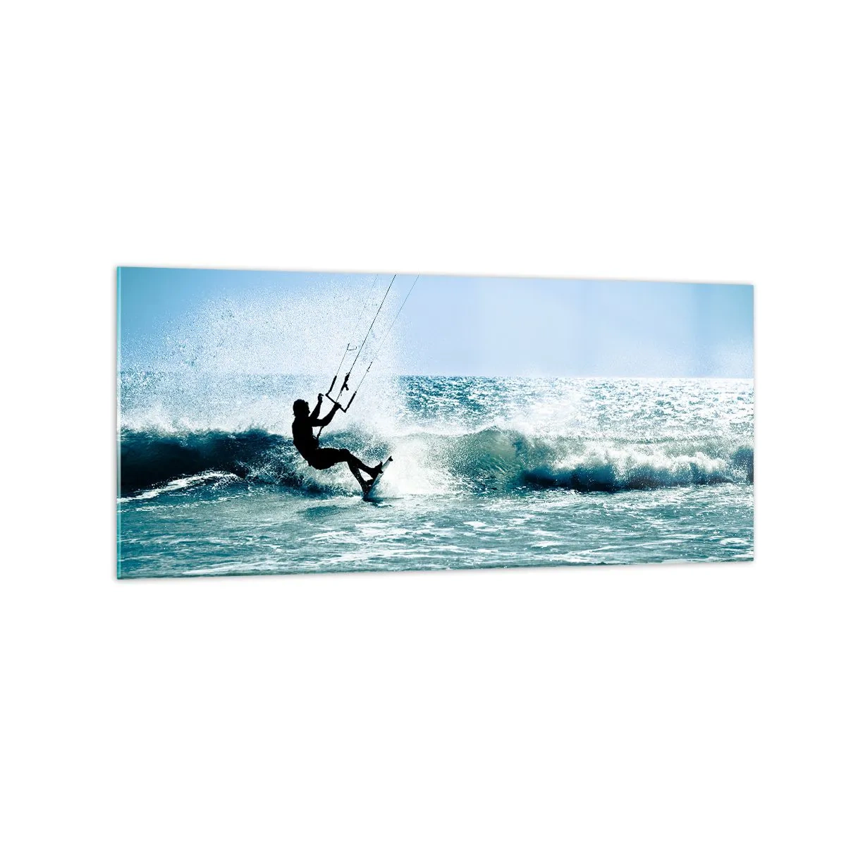 Quadro su vetro - Kitesurfer cavalca un'onda in pieno sole - 120x50cm - Fatti sollevare - Decorazione murale moderna per soggiorno e camera da letto ARTTOR