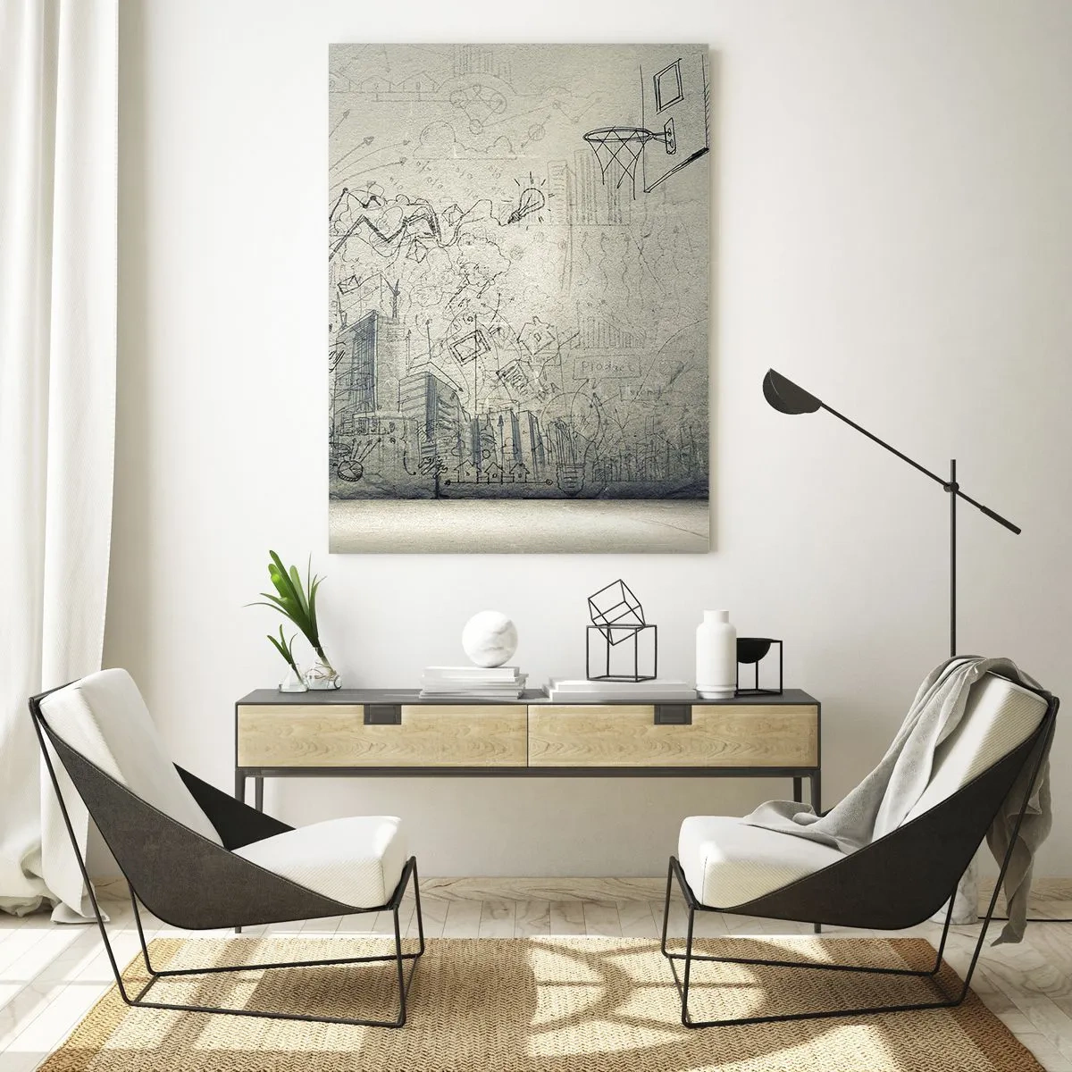 Quadro su vetro - Disegni e diagrammi sullo sfondo di un muro grezzo - 70x100cm - La mia fantastica vita in città - Decorazione murale moderna per soggiorno e camera da letto ARTTOR