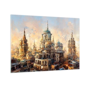 Quadro su vetro - Un fantastico panorama della città con torri e palazzi - 70x50cm - La città delle città - Decorazione murale moderna per soggiorno e camera da letto ARTTOR