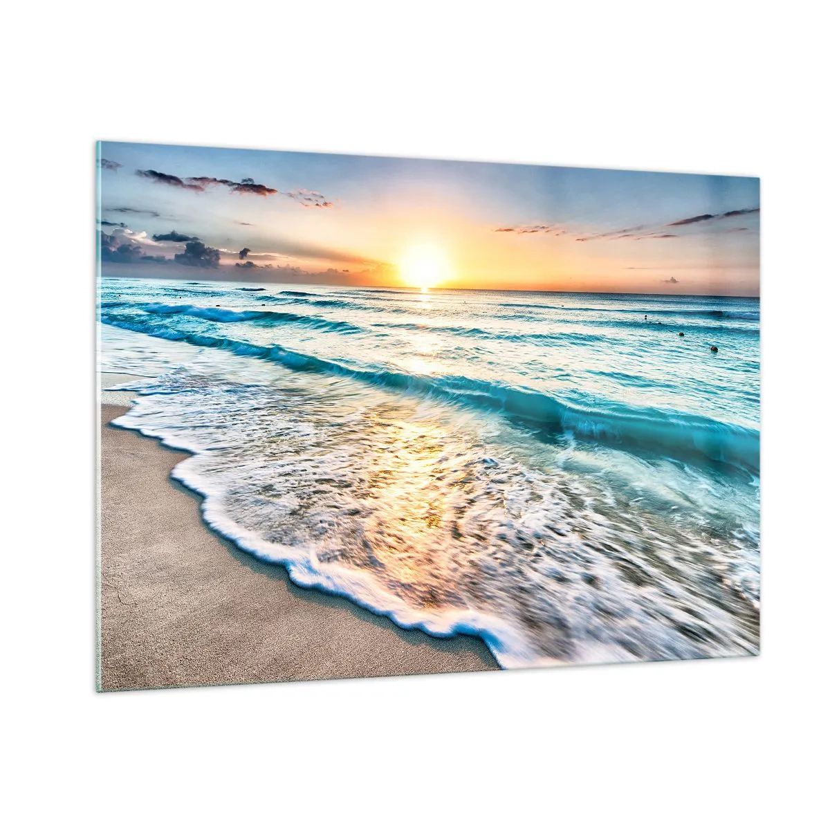 Quadro su vetro - Spiaggia al mattino con onde e alba - 100x70cm - Tramonto sul mare - Decorazione murale moderna per soggiorno e camera da letto ARTTOR