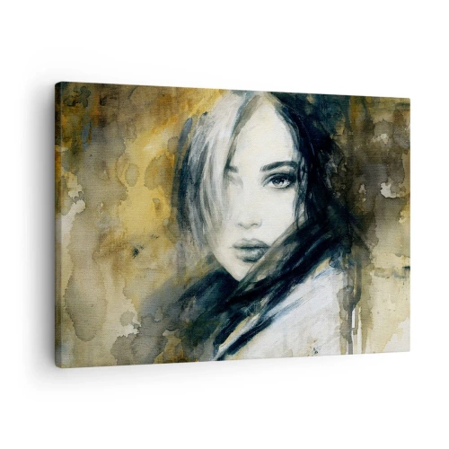 Quadro su tela - Stampe su Tela - Ritratto di una donna su uno sfondo di macchie astratte nei toni del beige - 70x50cm - Più innocente o sensuale? - Decorazione murale moderna per soggiorno e camera da letto ARTTOR