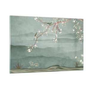 Quadro su vetro - Un ramo con fiori e uccelli sullo sfondo di verdi colline - 120x80cm - Eccoti primavera - Decorazione murale moderna per soggiorno e camera da letto ARTTOR