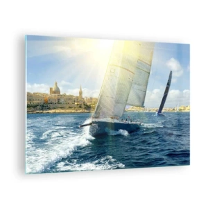 Quadro su vetro - Uno yacht che naviga sullo sfondo di una città in una giornata di sole - 70x50cm - Tempo di lasciare la città - Decorazione murale moderna per soggiorno e camera da letto ARTTOR