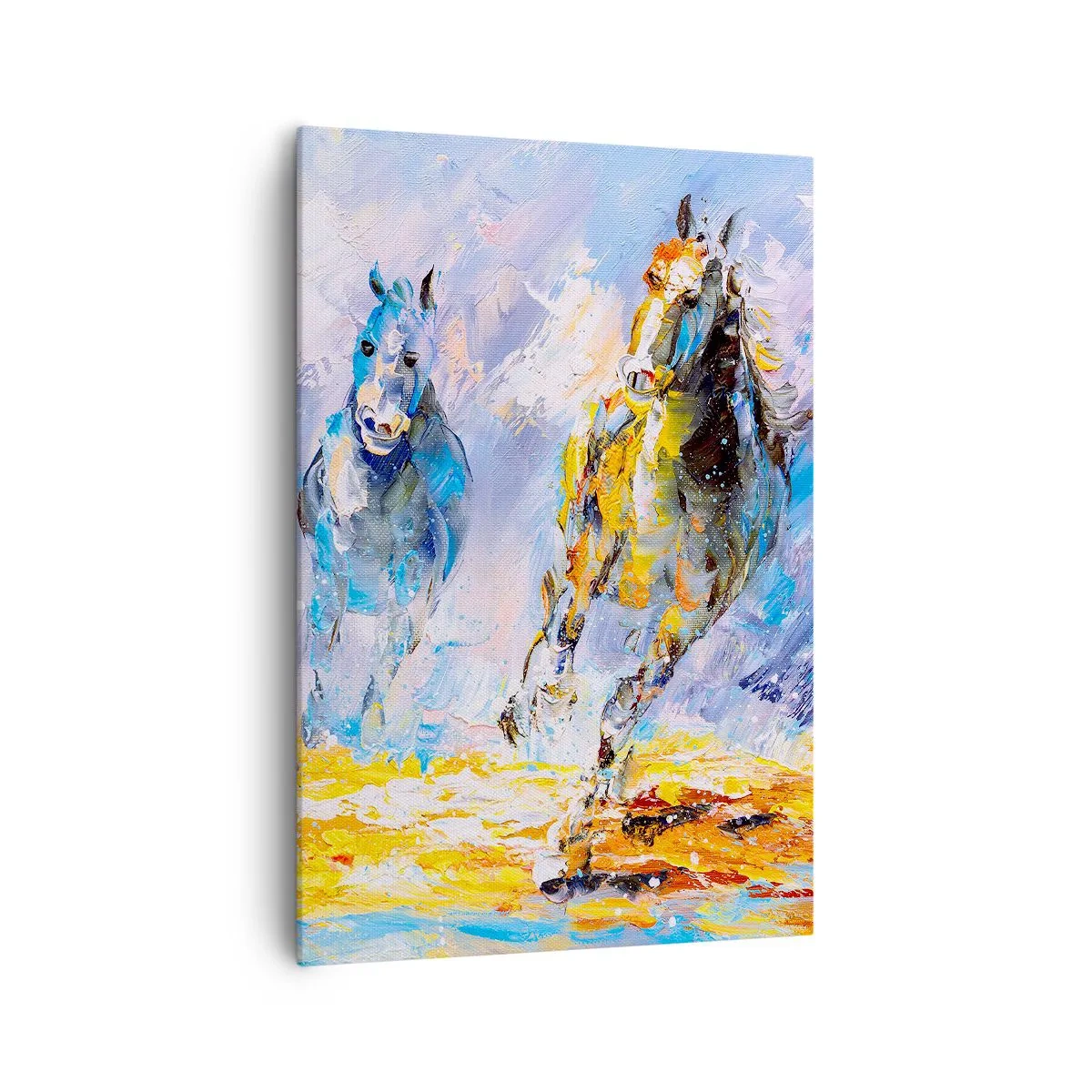 Quadro su tela - Stampe su Tela - Due cavalli in movimento sullo sfondo di un paesaggio astratto - 70x100cm - Al galoppo nella luce - Decorazione murale moderna per soggiorno e camera da letto ARTTOR