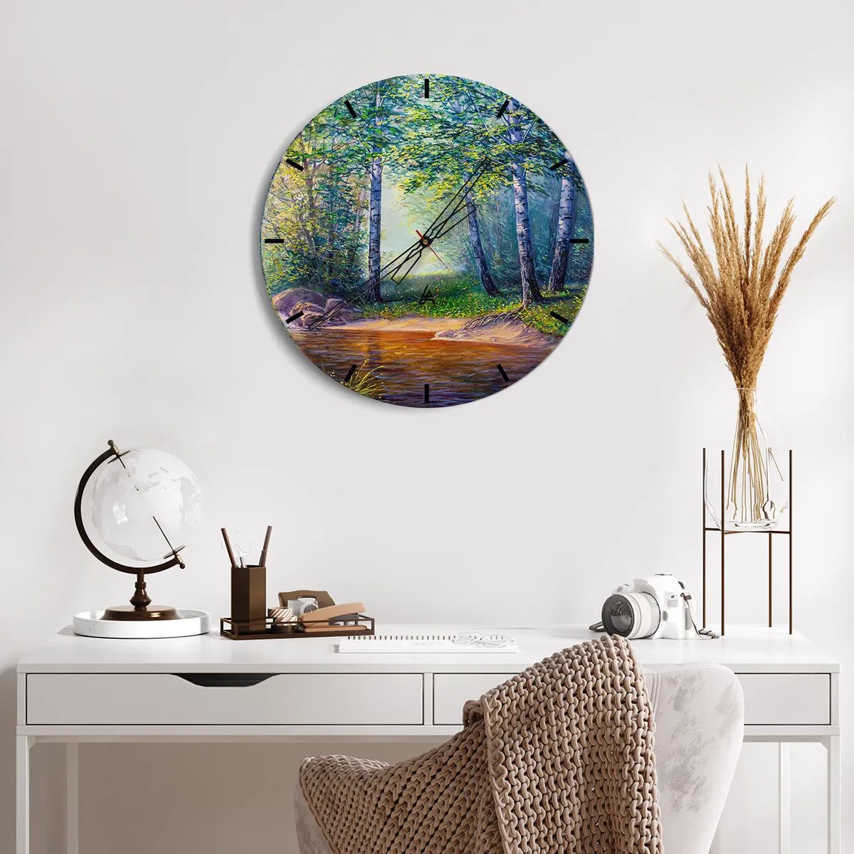Orologio da parete - Orologio in Vetro - Una pittoresca foresta di betulle con un fiume illuminato dai raggi del sole - 30x30cm - Scena di beatitudine - Decorazione murale moderna per soggiorno, cucina e camera da letto ARTTOR