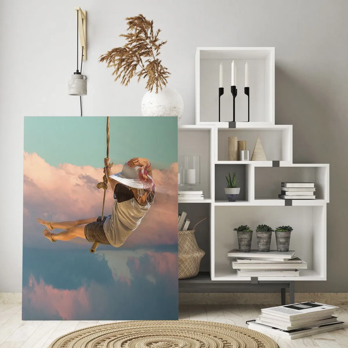 Quadro su vetro - Ragazza sull'altalena tra le nuvole rosa - 50x70cm - Divertimento tra le nuvole - Decorazione murale moderna per soggiorno e camera da letto ARTTOR