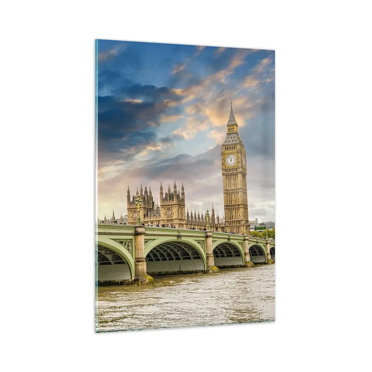 Quadro su vetro - Il Big Ben e il ponte di Westminster contro il cielo al tramonto - 80x120cm - Nell'Impero il tempo si è fermato - Decorazione murale moderna per soggiorno e camera da letto ARTTOR