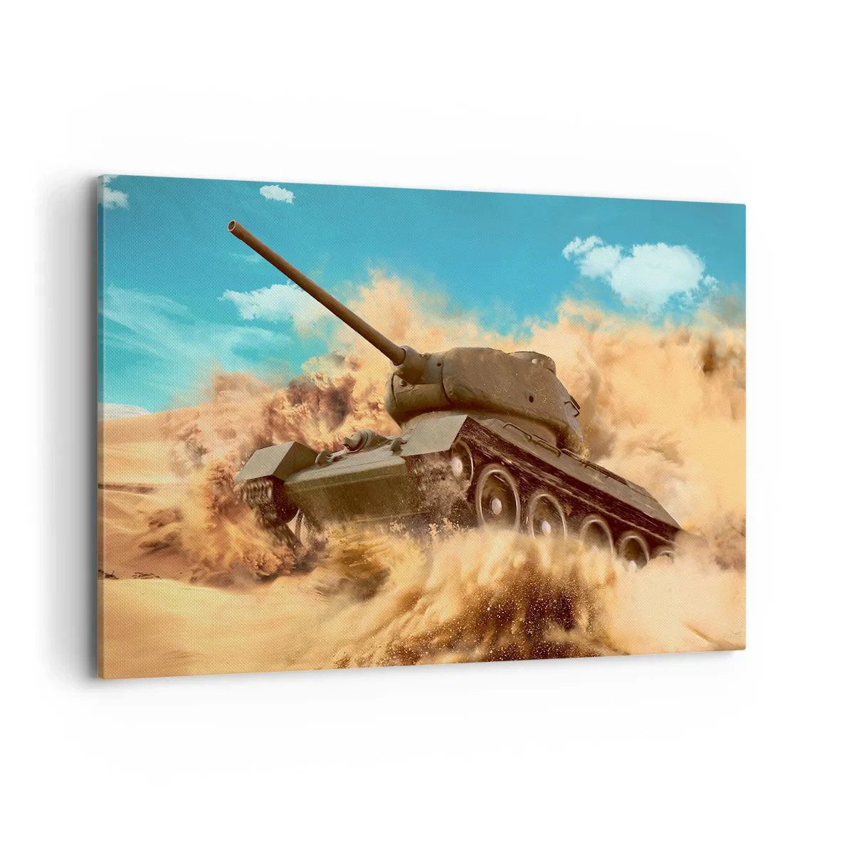 Quadro su tela - Stampe su Tela - Un carro armato in azione nel deserto, circondato da polvere di sabbia. - 120x80cm - Imbattibile - Decorazione murale moderna per soggiorno e camera da letto ARTTOR