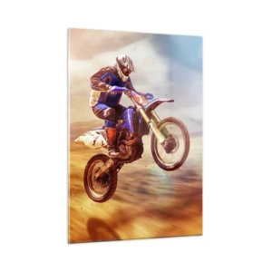 Quadro su vetro - Un motociclista che vola su un terreno sabbioso - 50x70cm - Vertigini motociclistiche - Decorazione murale moderna per soggiorno e camera da letto ARTTOR